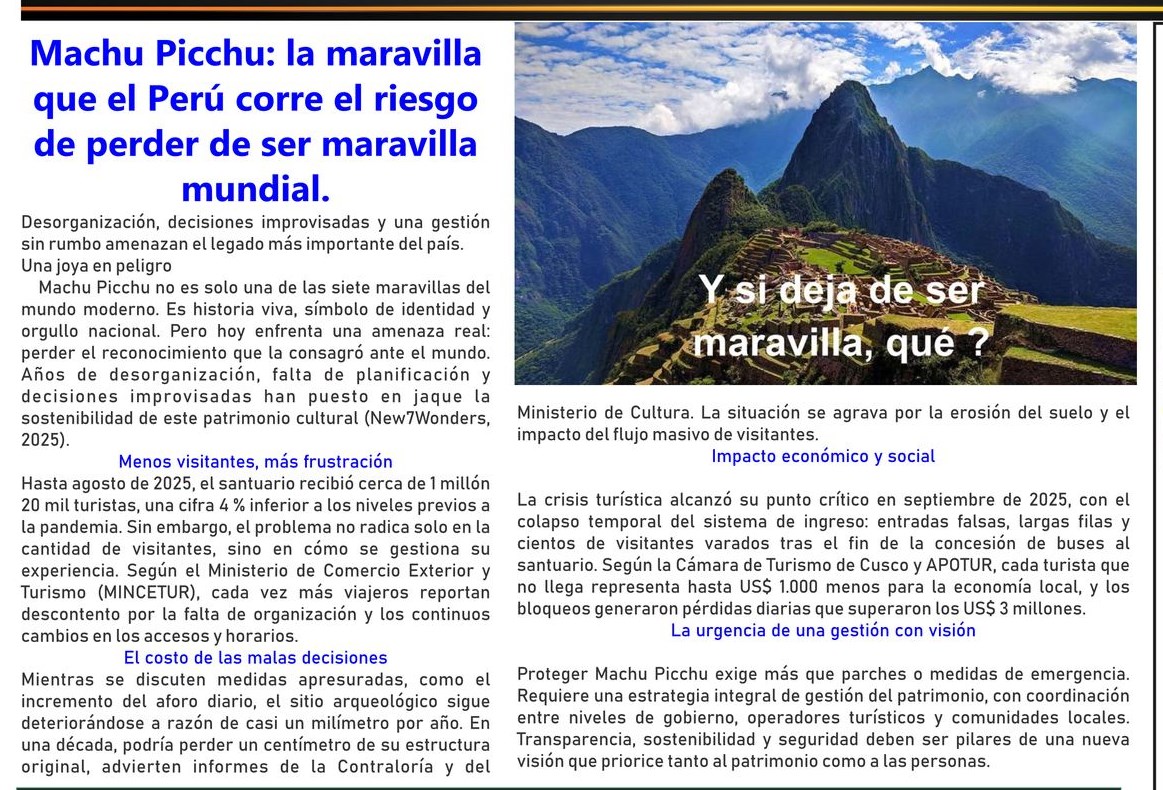 MACHU PICCHU CORRE EL RIESGO DE DEJAR DE SER MARAVILLA MUNDIAL