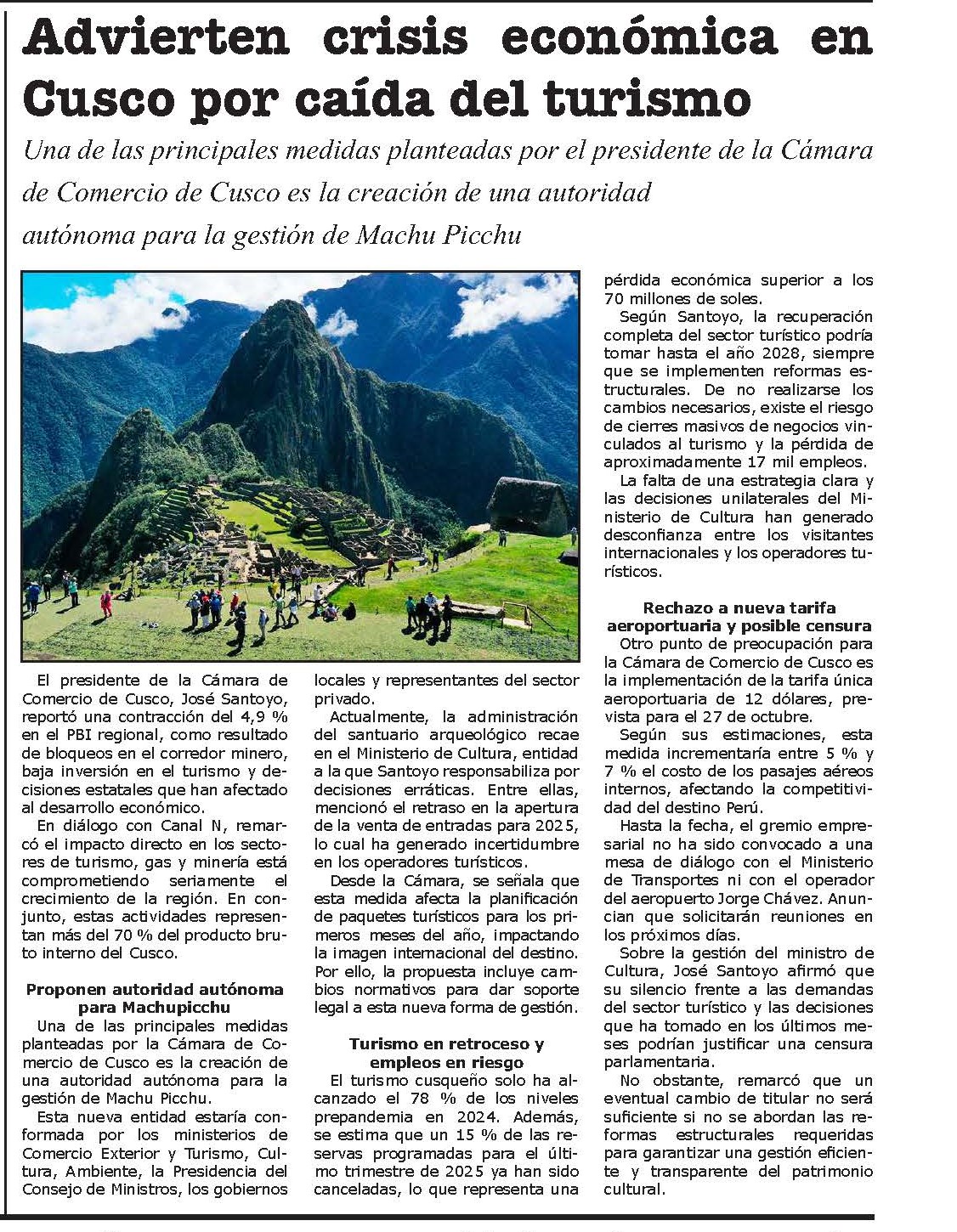 ADVIERTEN CRISIS ECONÓMICA EN CUSCO POR CAÍDA DEL TURISMO