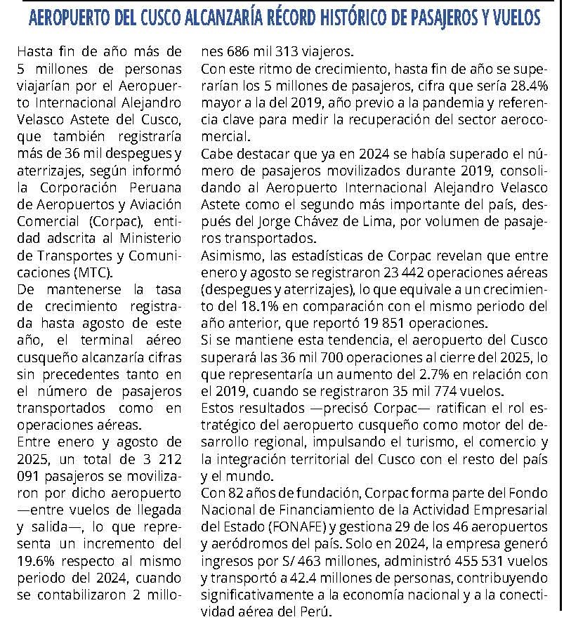 AEROPUERTO DEL CUSCO ALCANZARÍA RÉCORD HISTÓRICO DE PASAJEROS Y VUELOS