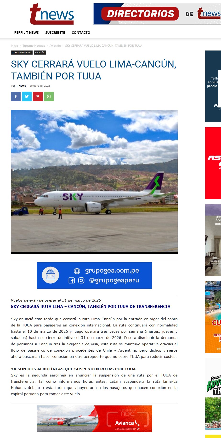 LATAM Y SKY CANCELARAN RUTA LIMA – LA HABANA