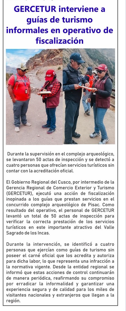 GERCETUR INTERVIENE A GUÍAS DE TURISMO INFORMALES EN OPERATIVO DE FISCALIZACIÓN