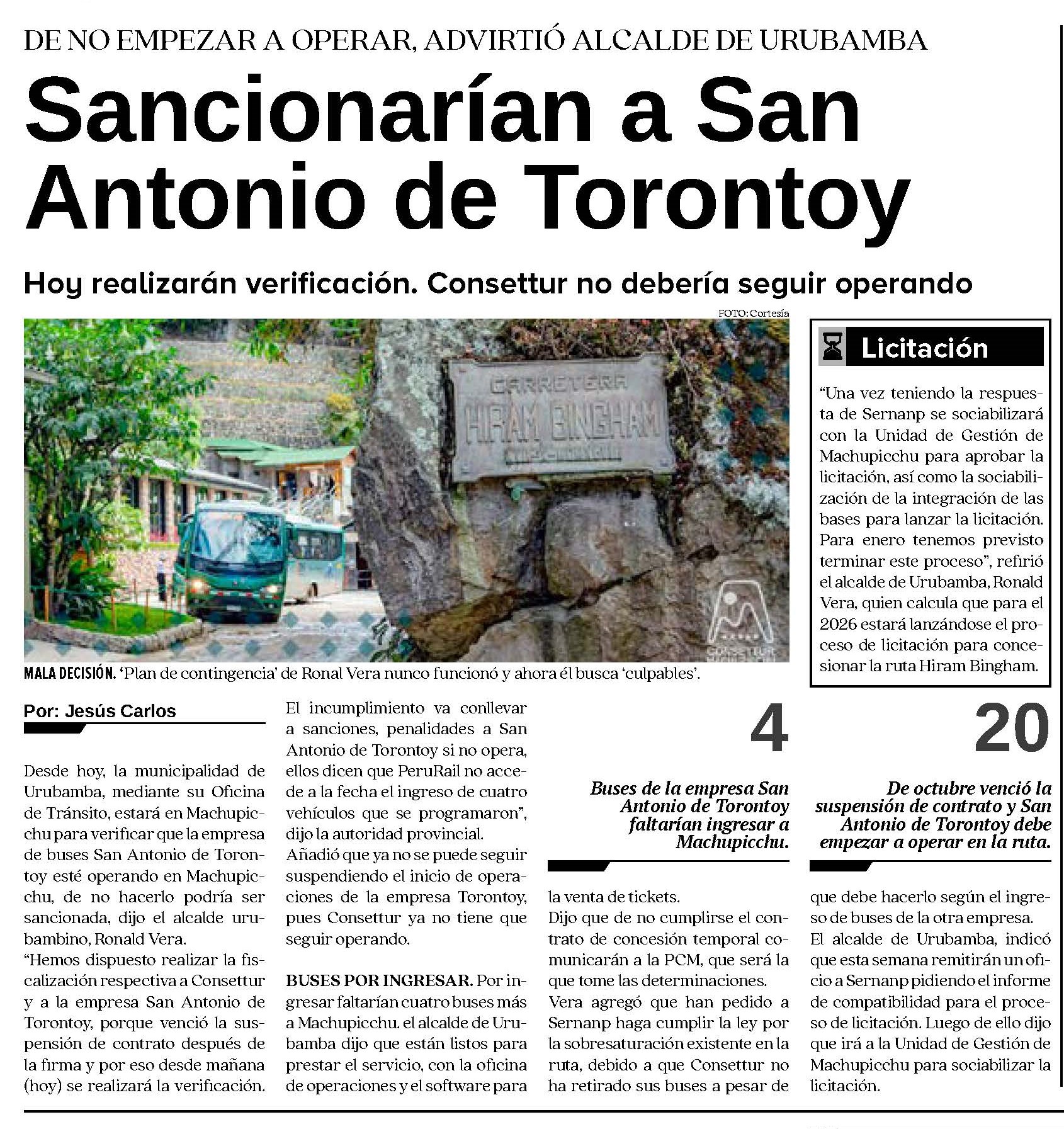DISPONEN INTERVENCIÓN DE CONSETTUR Y APLICAR PENALIDADES CONTRA SAN ANTONIO DE TORONTOY