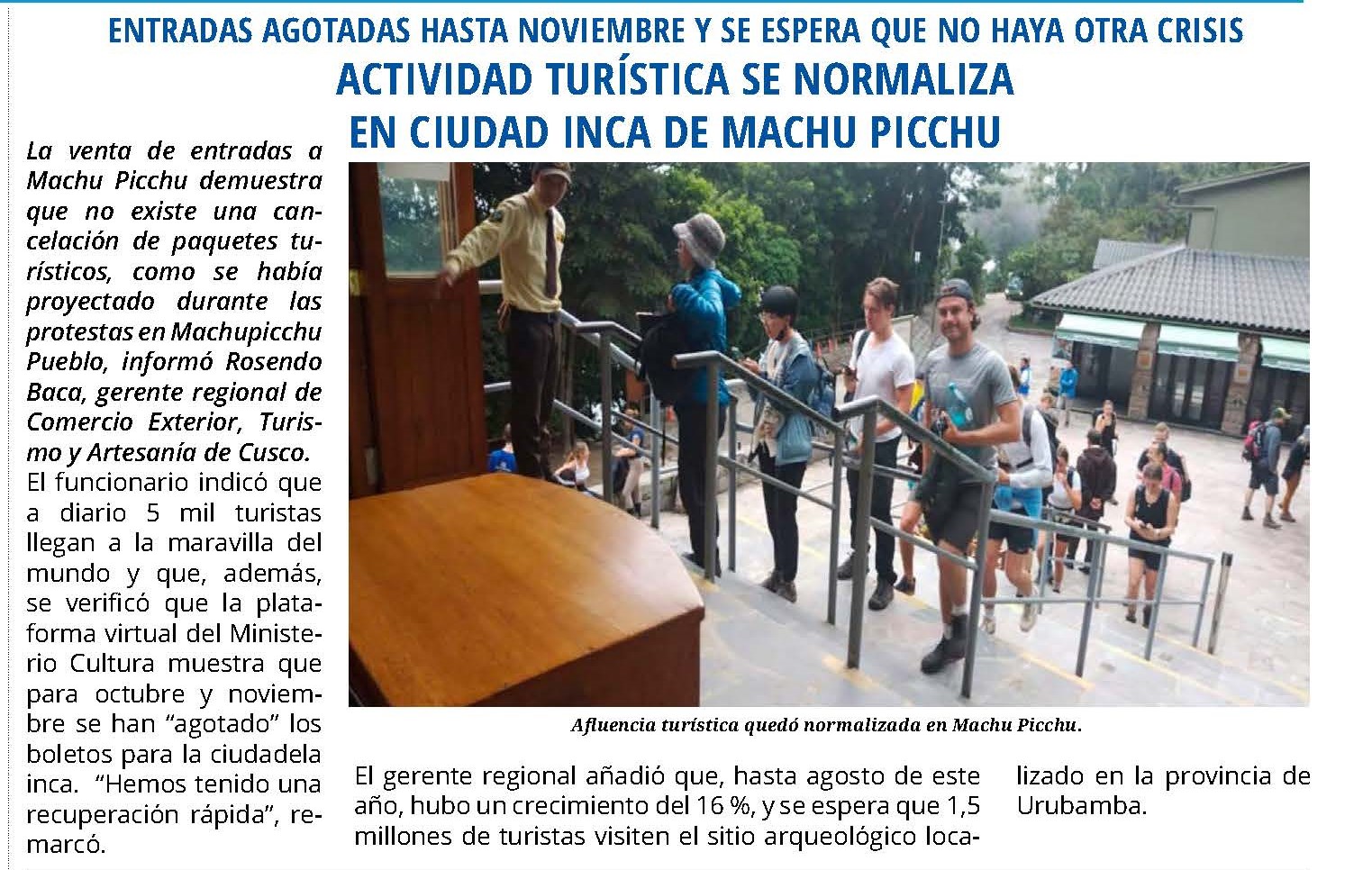 VISITAS A MACHU PICCHU MUESTRAN UNA “RECUPERACIÓN RÁPIDA”