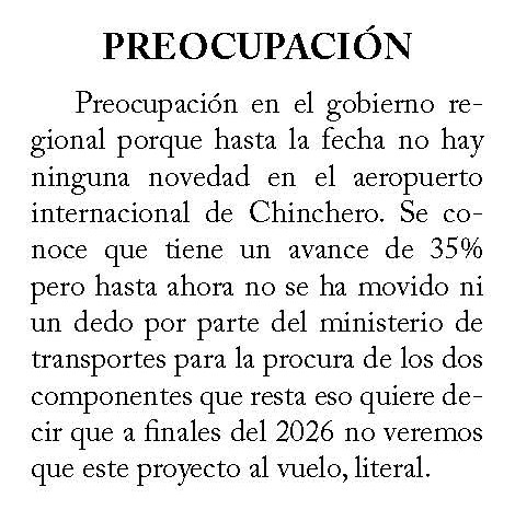 PREOCUPA FALTA DE AVANCE EN CHINCHERO