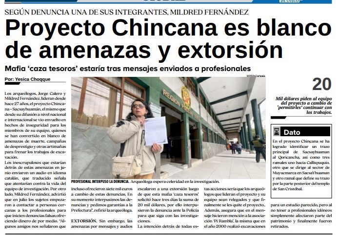 AMENAZAN A ARQUEÓLOGOS DEL PROYECTO CHINCANA EN SACSAYHUAMÁN