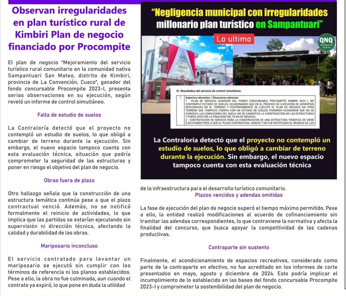 IRREGULARIDADES EN PLAN TURÍSTICO RURAL DE KIMBIRI FINANCIADO POR PROCOMPITE