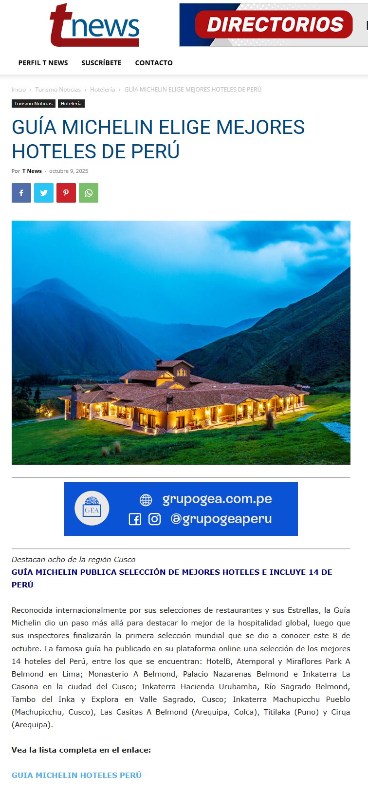 GUÍA MICHELIN ELIGE MEJORES HOTELES DE PERÚ