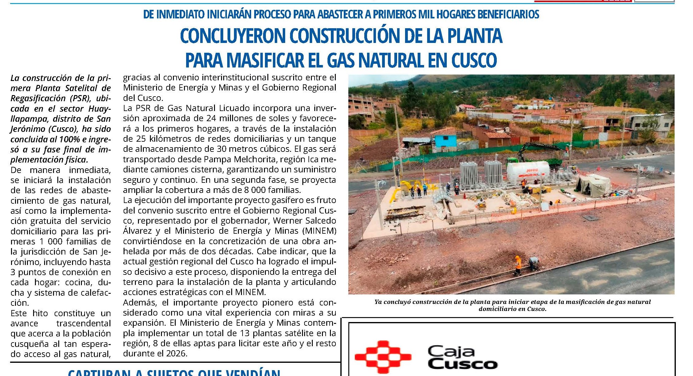CONCLUYE CONSTRUCCIÓN DE LA PLANTA PARA MASIFICAR EL GAS NATURAL EN CUSCO