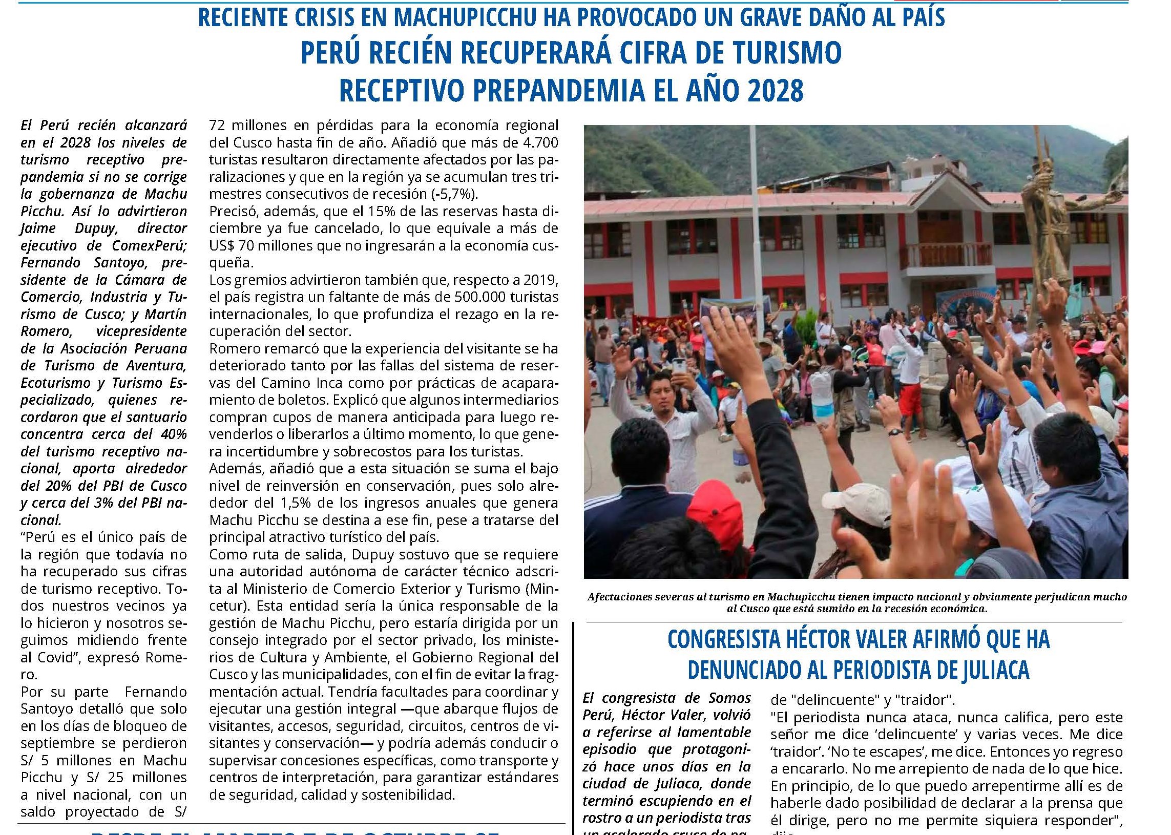 PERÚ RECIÉN RECUPERARÁ CIFRA DE TURISMO RECEPTIVO PREPANDEMIA EL AÑO 2028