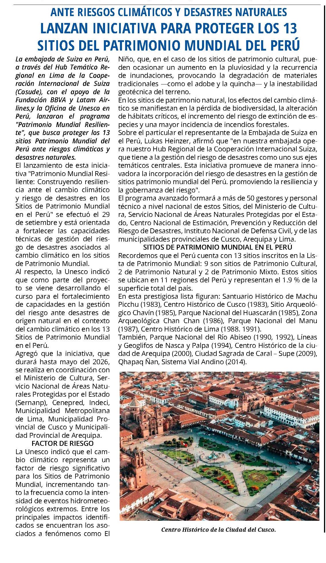 LANZAN INICIATIVA PARA PROTEGER SITIOS DEL PATRIMONIO MUNDIAL DEL PERÚ