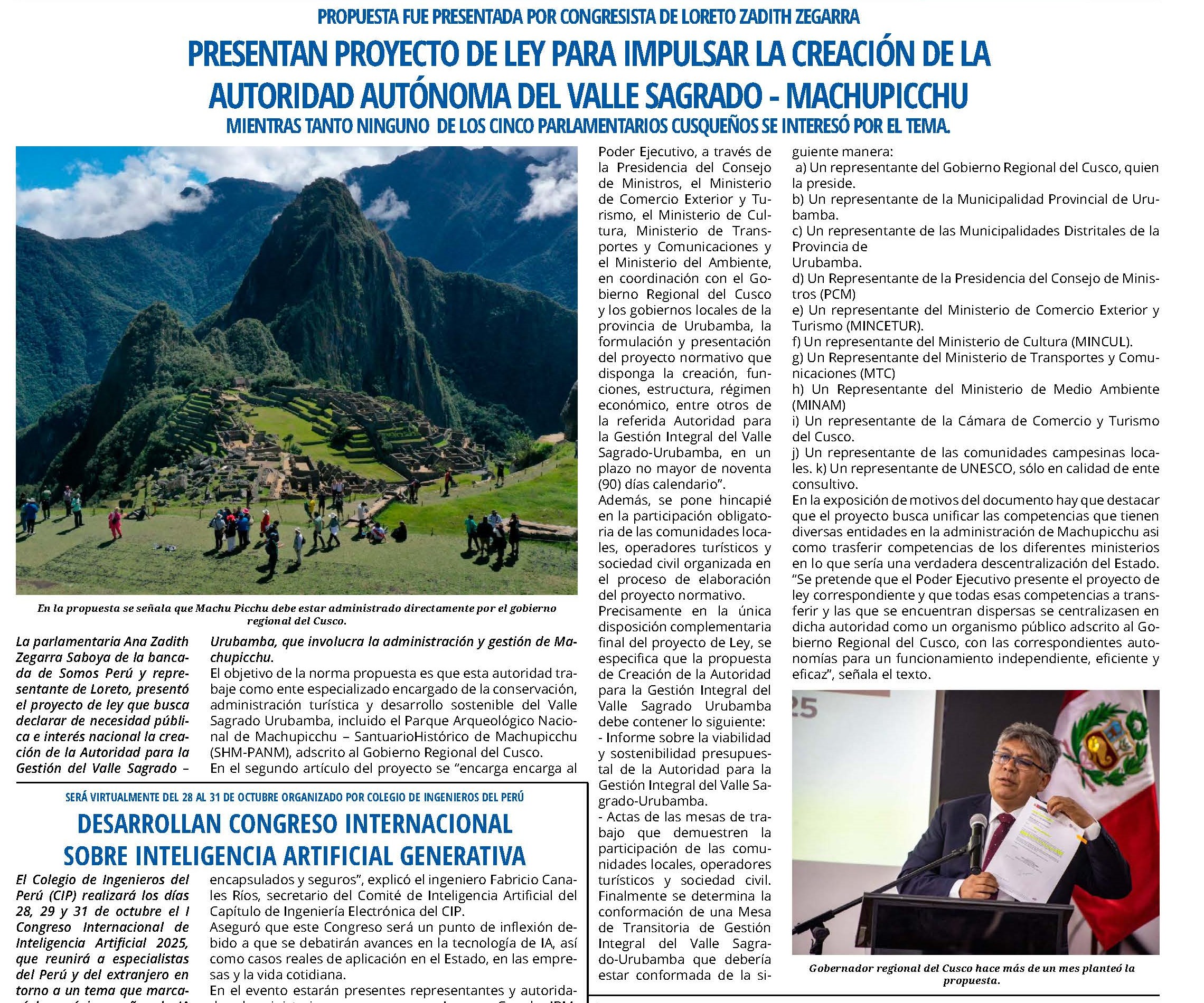 PRESENTAN PROYECTO DE LEY PARA IMPULSAR LA CREACIÓN DE LA AUTORIDAD AUTÓNOMA DEL VALLE SAGRADO- MACHUPICCHU