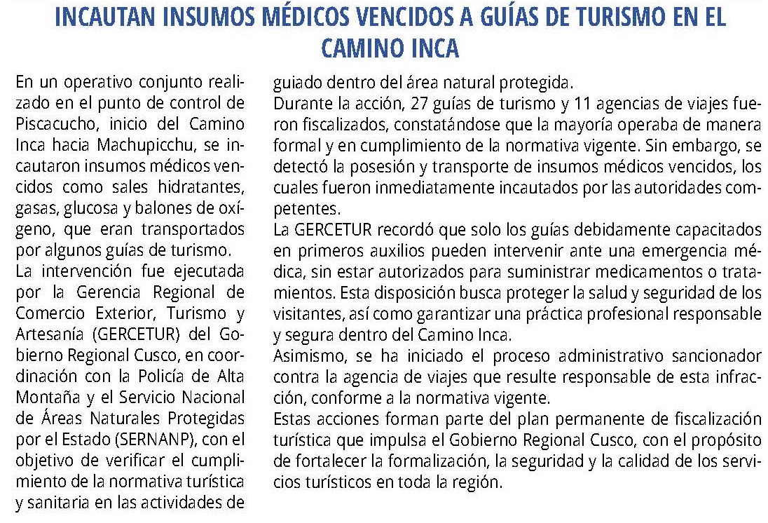 INCAUTAN INSUMOS MÉDICOS VENCIDOS A GUÍAS DE TURISMO EN EL CAMINO INCA