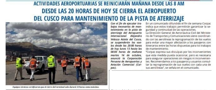 REANUDAN VUELOS EN EL AEROPUERTO DE CUSCO TRAS CESE DE OPERACIONES