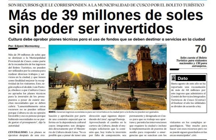 MÁS DE 39 MILLONES DE SOLES SIN PODER SER INVERTIDOS