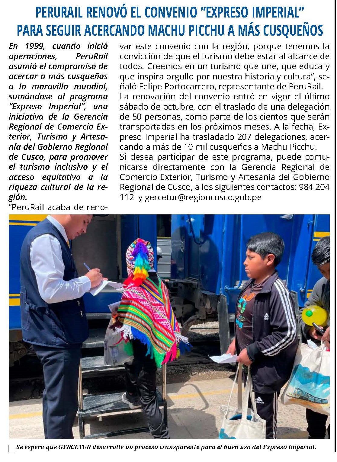 PERURAIL RENOVÓ EL CONVENIO PARA SEGUIR ACERCANDO MACHU PICCHU A MÁS CUSQUEÑOS