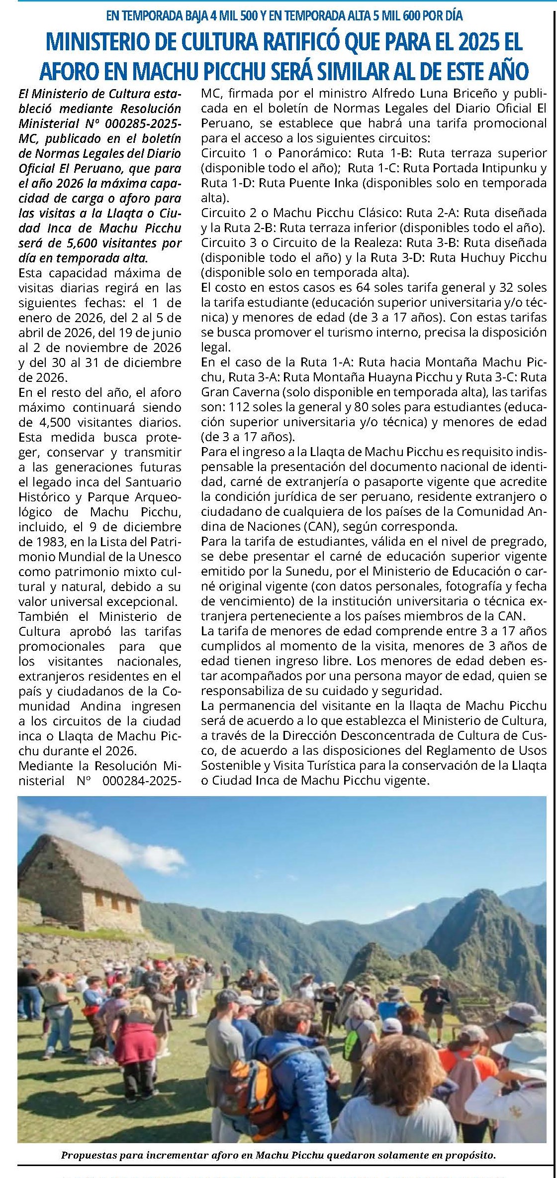 PARA EL 2026 EL AFORO EN MACHU PICCHU SERÁ SIMILAR AL DE ESTE AÑO