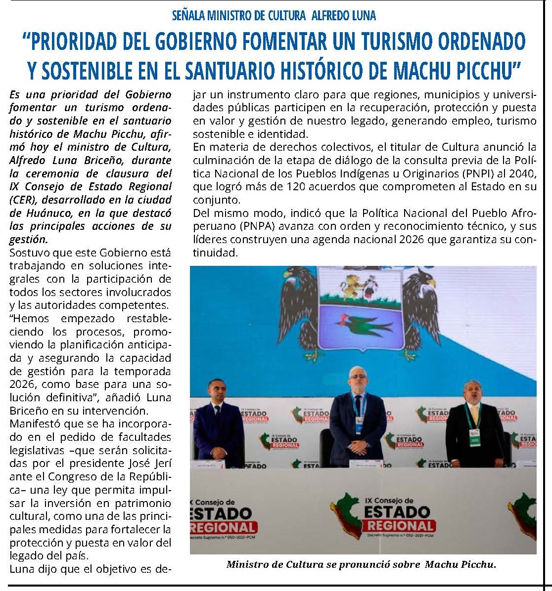 PRIORIDAD DEL GOBIERNO ES FOMENTAR UN TURISMO ORDENADO Y SOSTENIBLE EN MACHUPICCHU