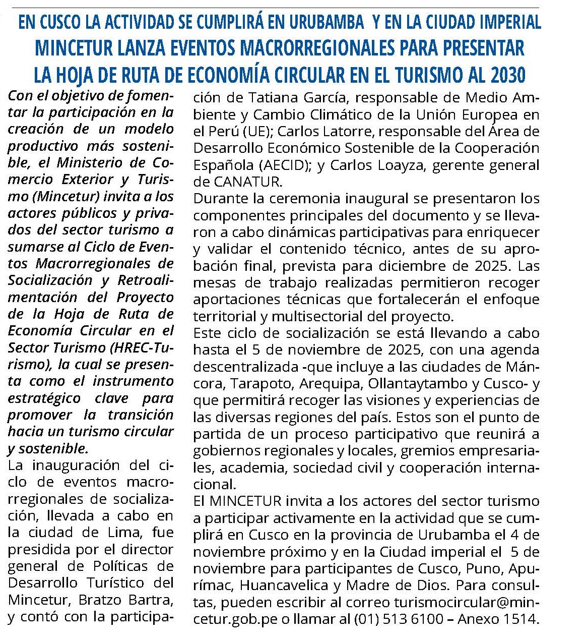 MINCETUR PRESENTA HOJA DE RUTA DE ECONOMÍA CIRCULAR EN EL TURISMO AL 2030