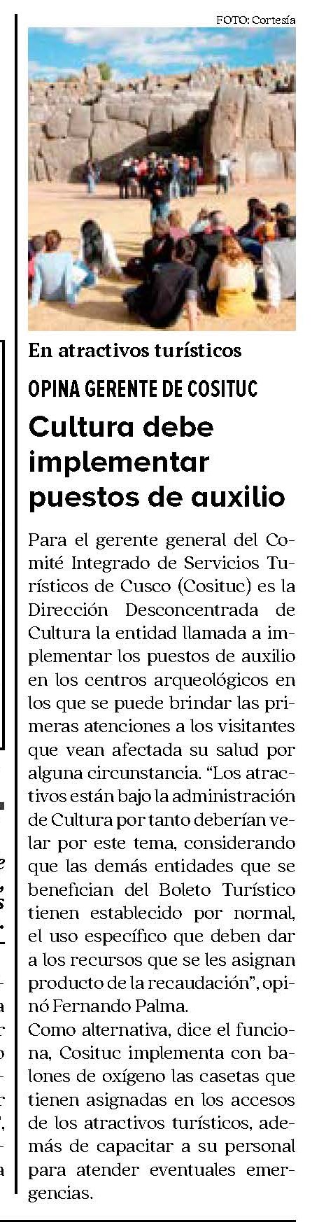 CULTURA DEBE IMPLEMENTAR PUESTOS DE AUXILIO