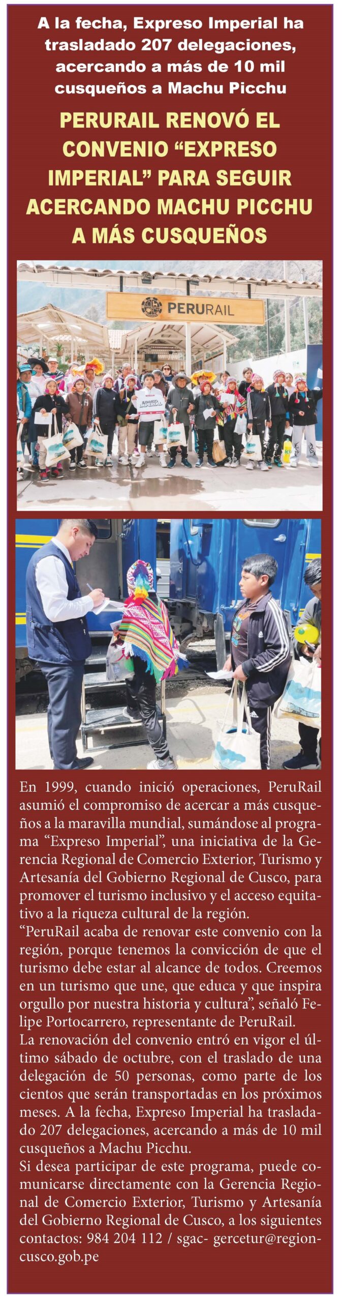 PERURAIL SEGUIRÁ ACERCANDO A MÁS CUSQUEÑOS A MACHUPICCHU