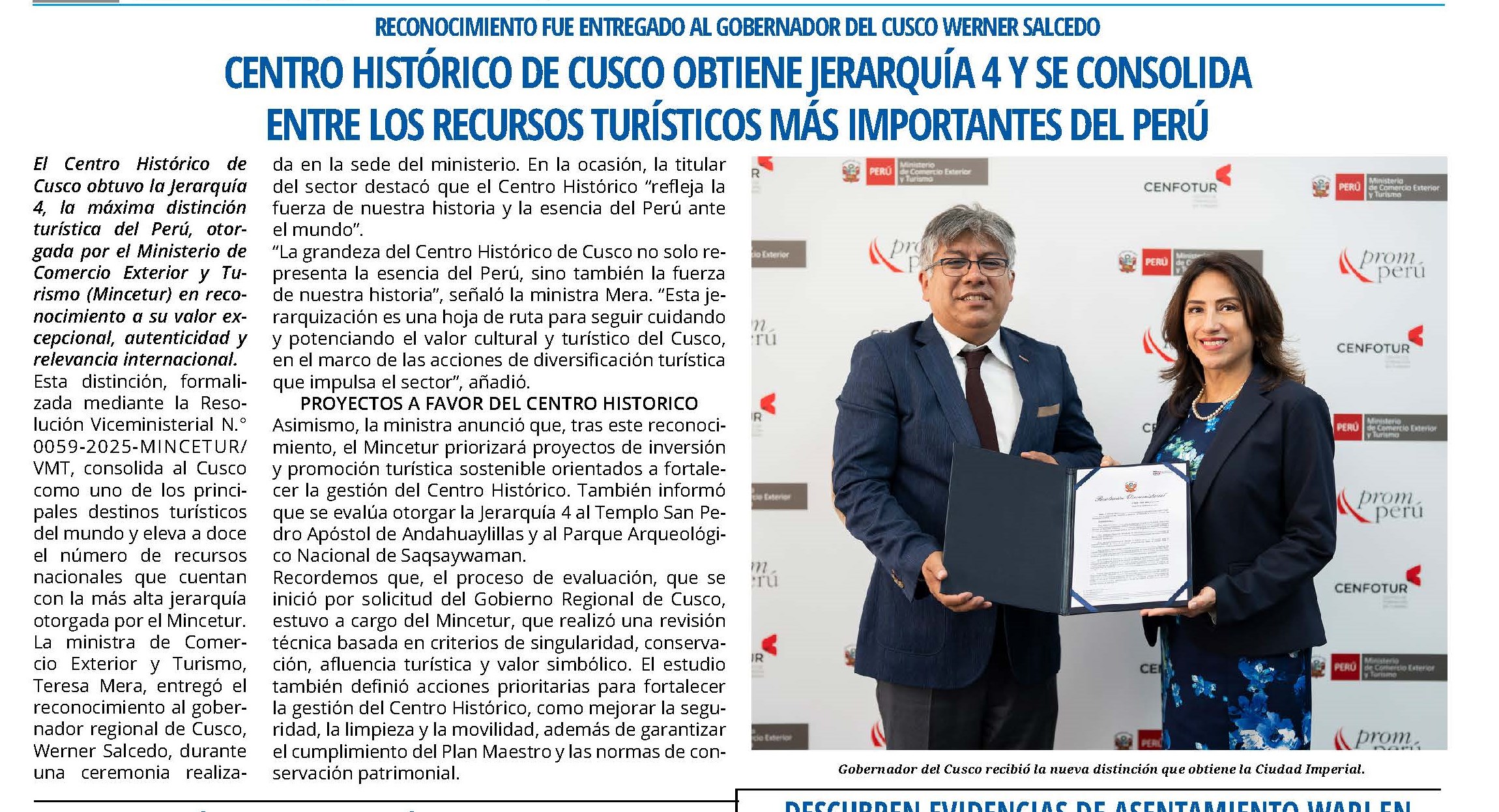 CUSCO RECIBE LA DISTINCIÓN “JERARQUÍA 4” Y SE CONSOLIDA COMO EL MÁS IMPORTANTE DESTINO TURÍSTICO DEL PERÚ