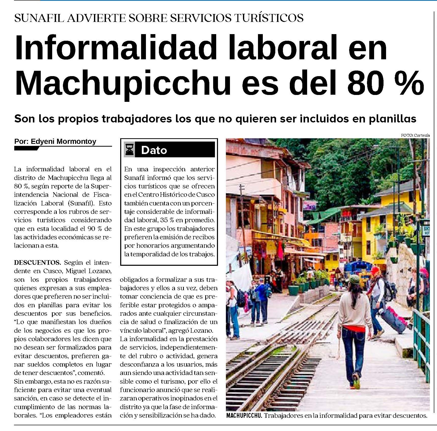 INFORMALIDAD LABORAL EN MACHUPICCHU ES DEL 80 %