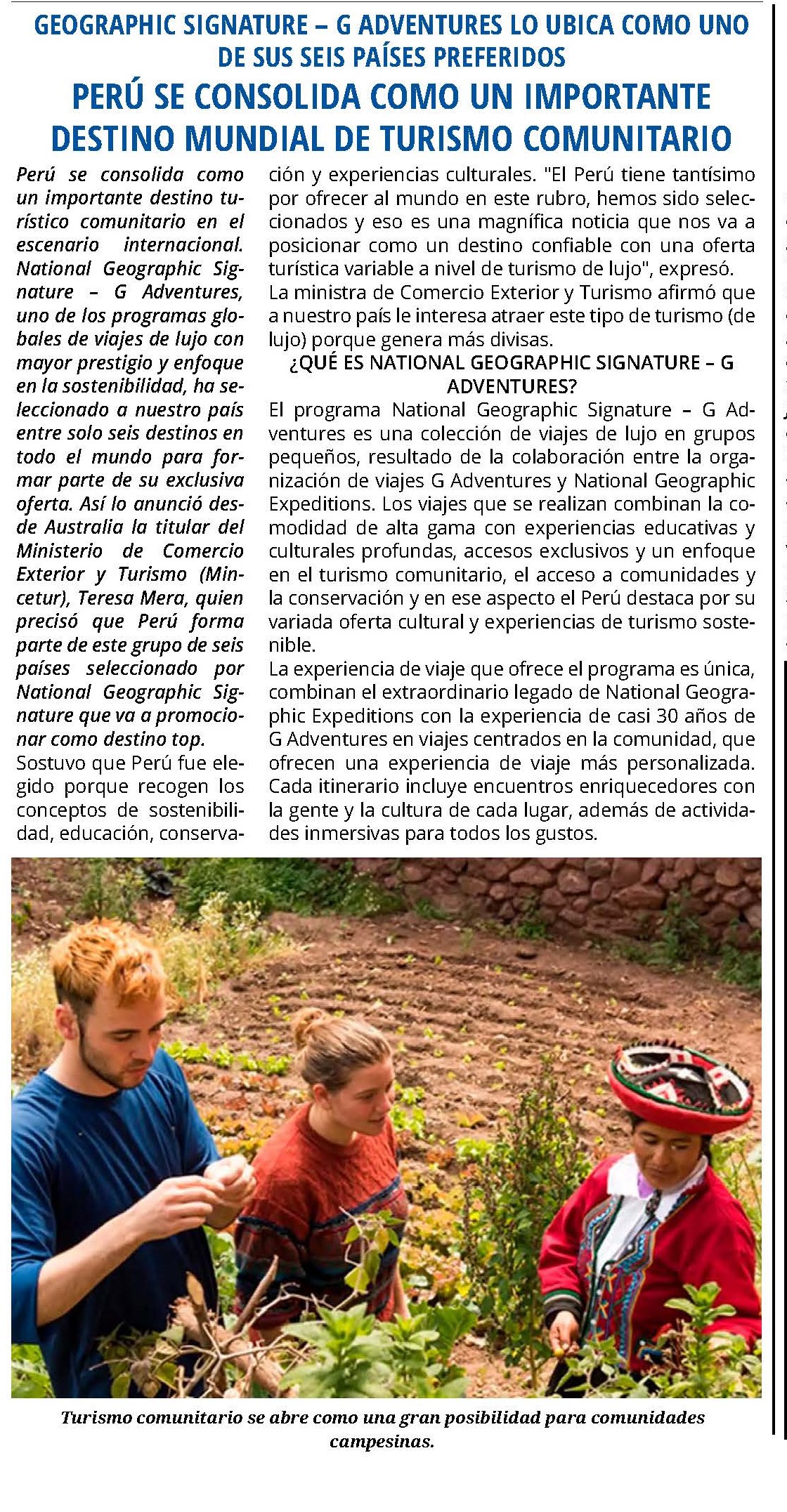 PERÚ SE CONSOLIDA COMO UN IMPORTANTE DESTINO MUNDIAL DE TURISMO COMUNITARIO