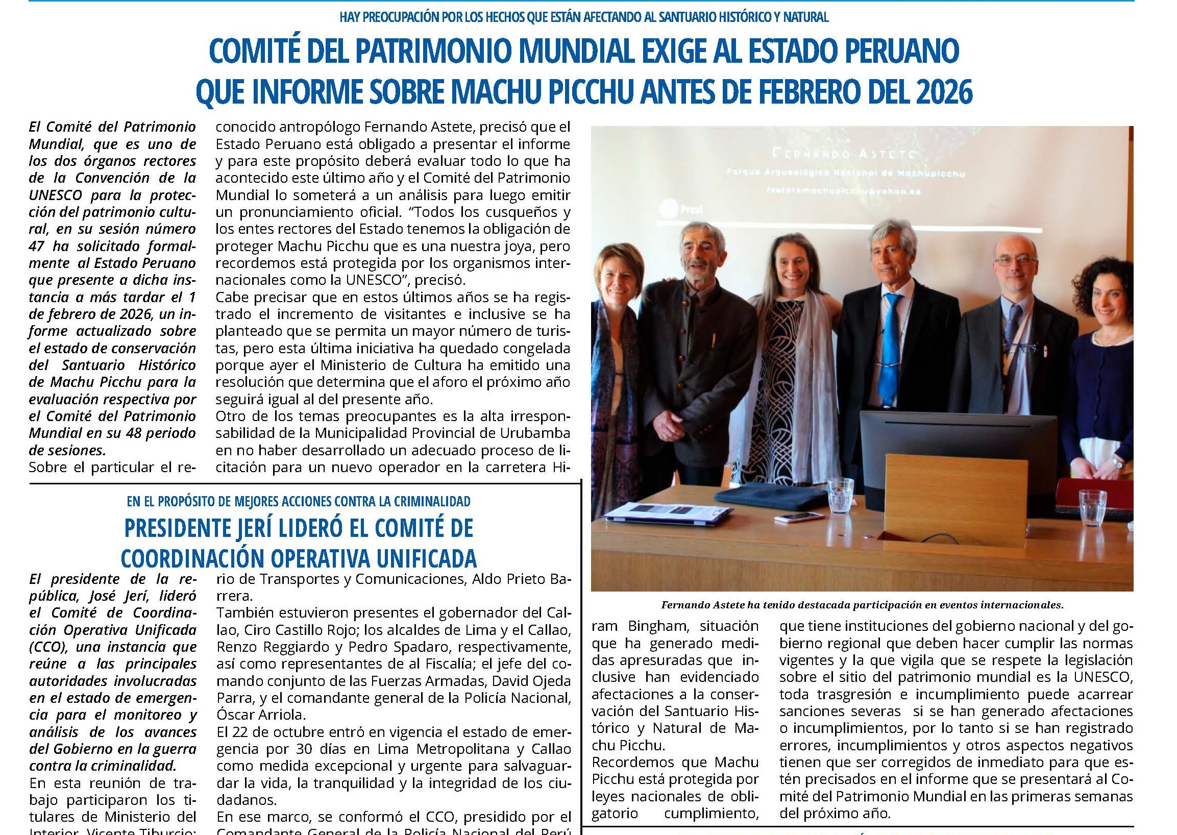 UNESCO EXIGE AL GOBIERNO PERUANO MEDIDAS URGENTES PARA PROTEGER MACHUPICCHU