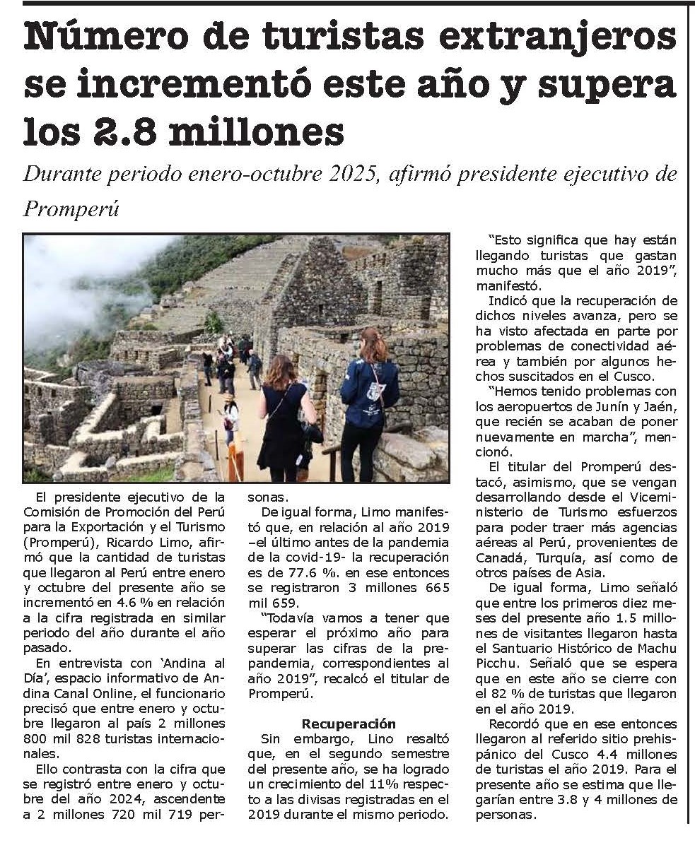 ARRIBO DE TURISTAS EXTRANJEROS AL PERÚ SE INCREMENTÓ EN 4,6 % EN RELACIÓN AL 2024