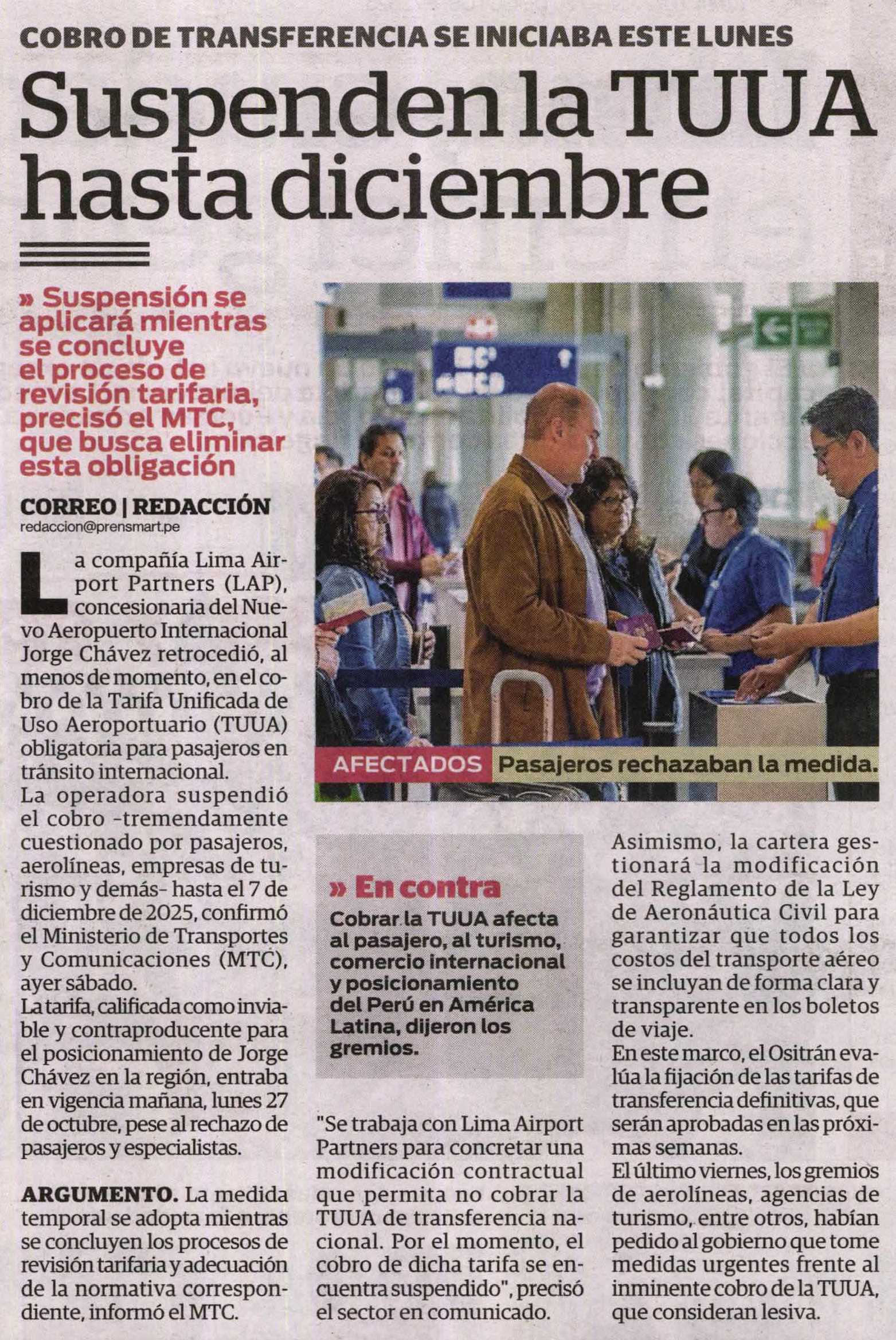 LAP POSTERGA COBRO DE TUUA INTERNACIONAL HASTA DICIEMBRE