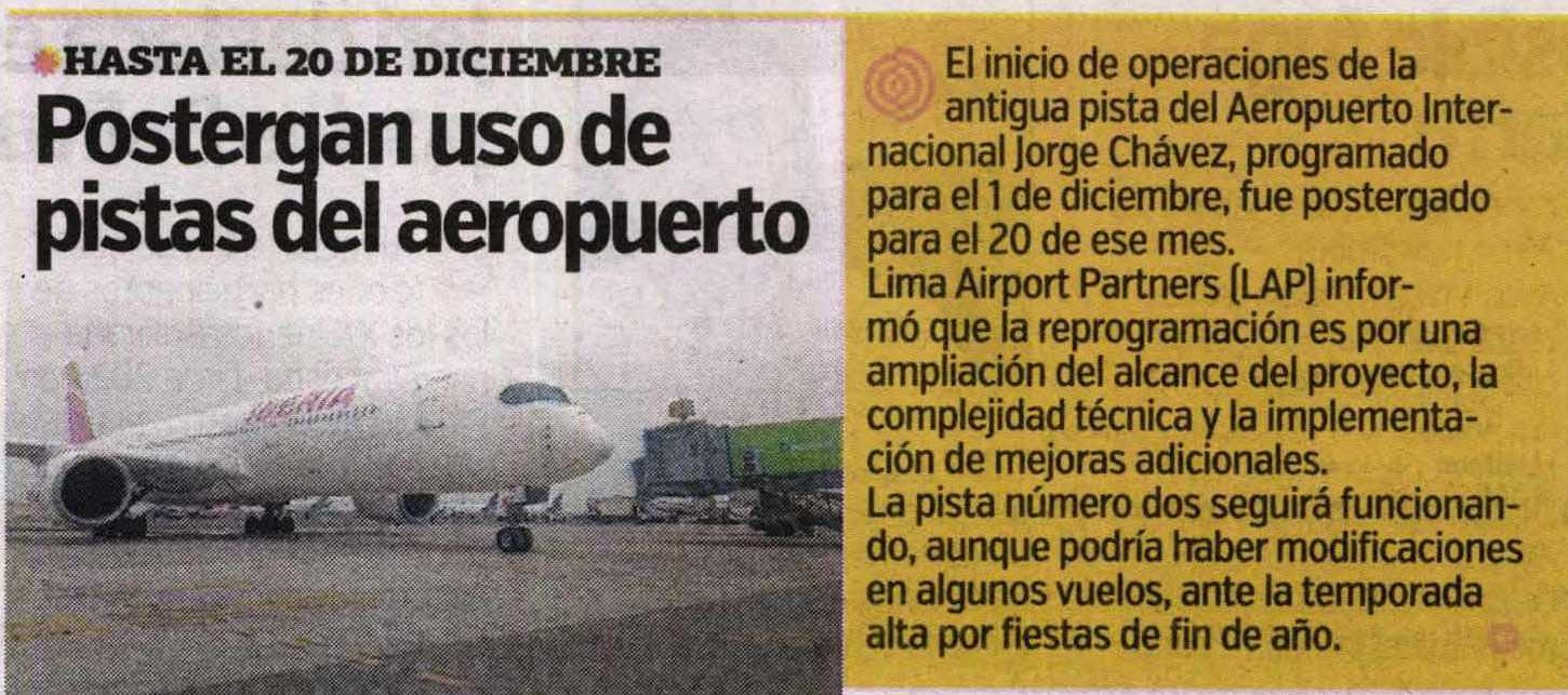 PISTA ANTIGUA DEL JORGE CHÁVEZ SEGUIRÁ CERRADA HASTA EL 20 DE DICIEMBRE