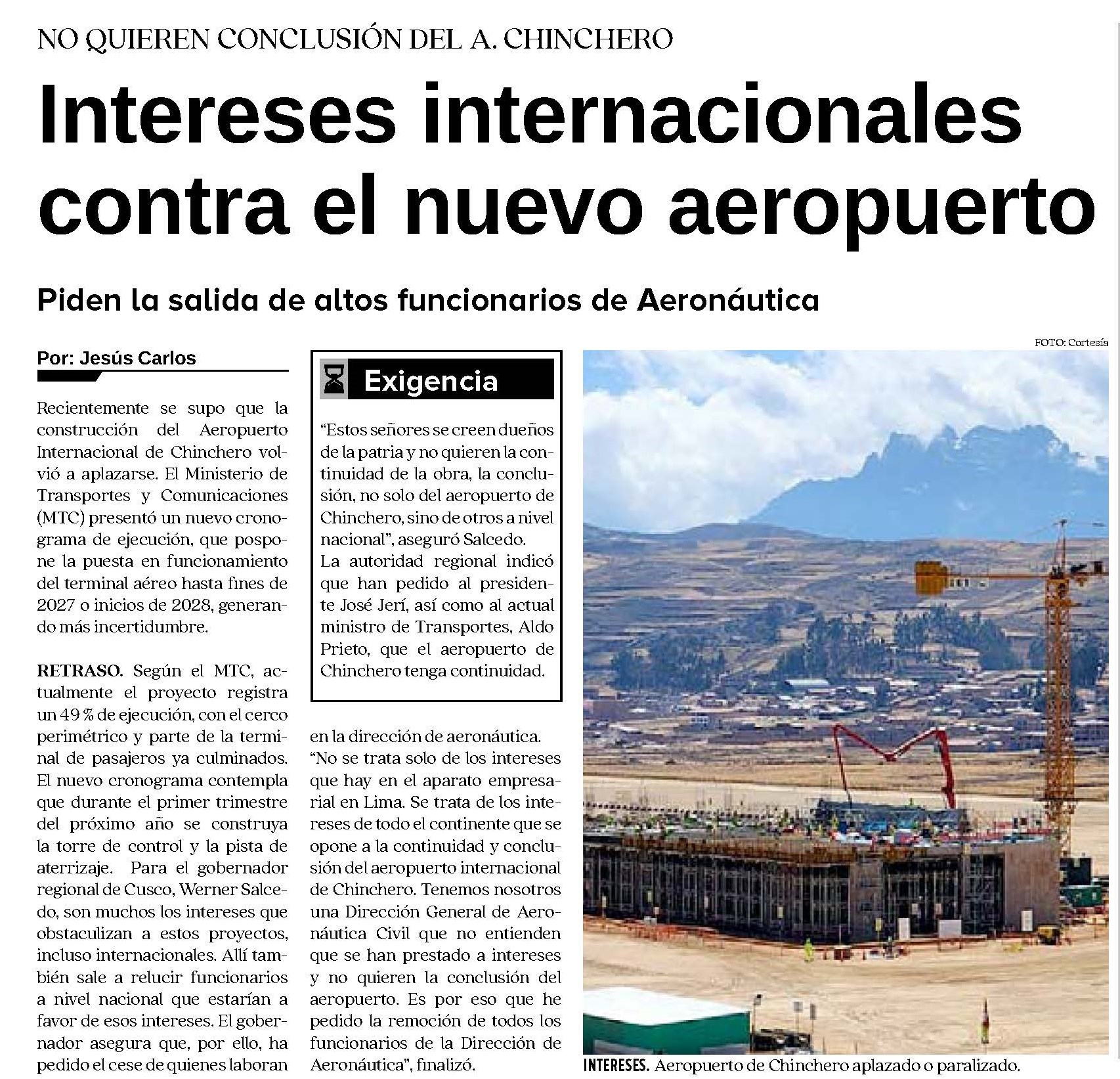 CUSCO EXIGE CLARIDAD ANTE NUEVOS INDICIOS DE RETRASOS EN CHINCHERO EL GERENTE REGIONAL DE DESARROLLO ECONÓMICO, JUAN CARLOS GALDÓS, VOLVIÓ A ENCENDER