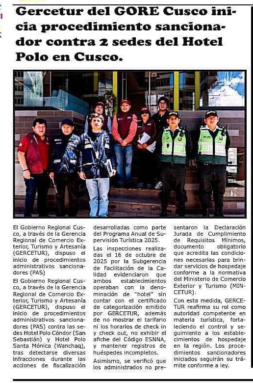INICIAN PROCESO SANCIONADOR CONTRA DOS SEDES DEL HOTEL POLO EN CUSCO