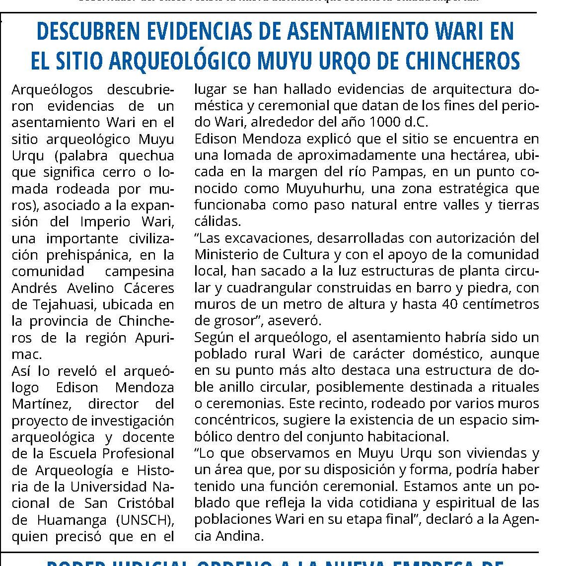 DESCUBREN EVIDENCIAS DE ASENTAMIENTO WARI EN EL SITIO ARQUEOLÓGICO DE CHINCHEROS
