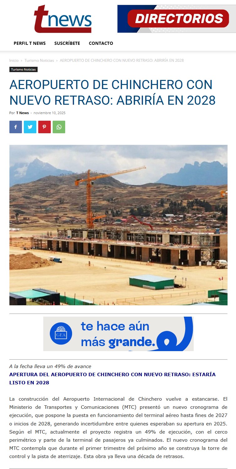AEROPUERTO DE CHINCHERO CON NUEVO RETRASO: ABRIRÍA EN 2028