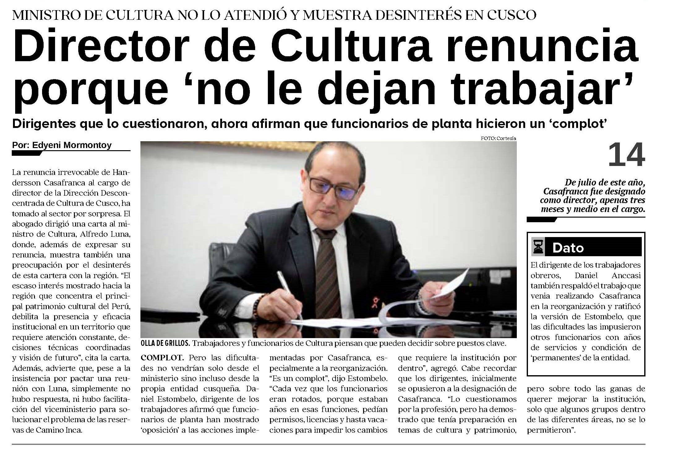 DIRECTOR DE CULTURA RENUNCIA PORQUE ‘NO LE DEJAN TRABAJAR’