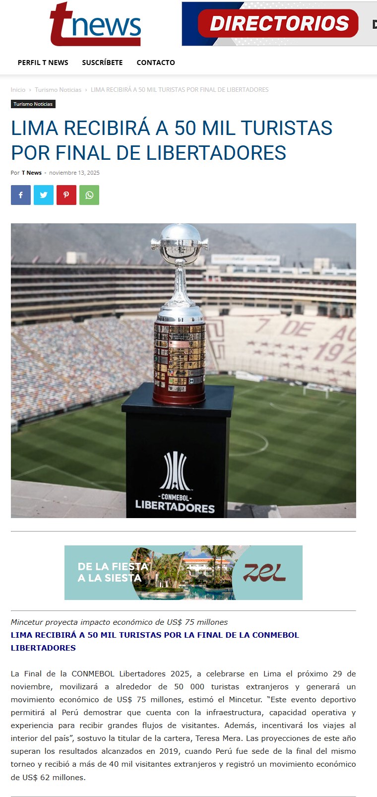 LIMA RECIBIRÁ A 50 MIL TURISTAS POR FINAL DE LIBERTADORES