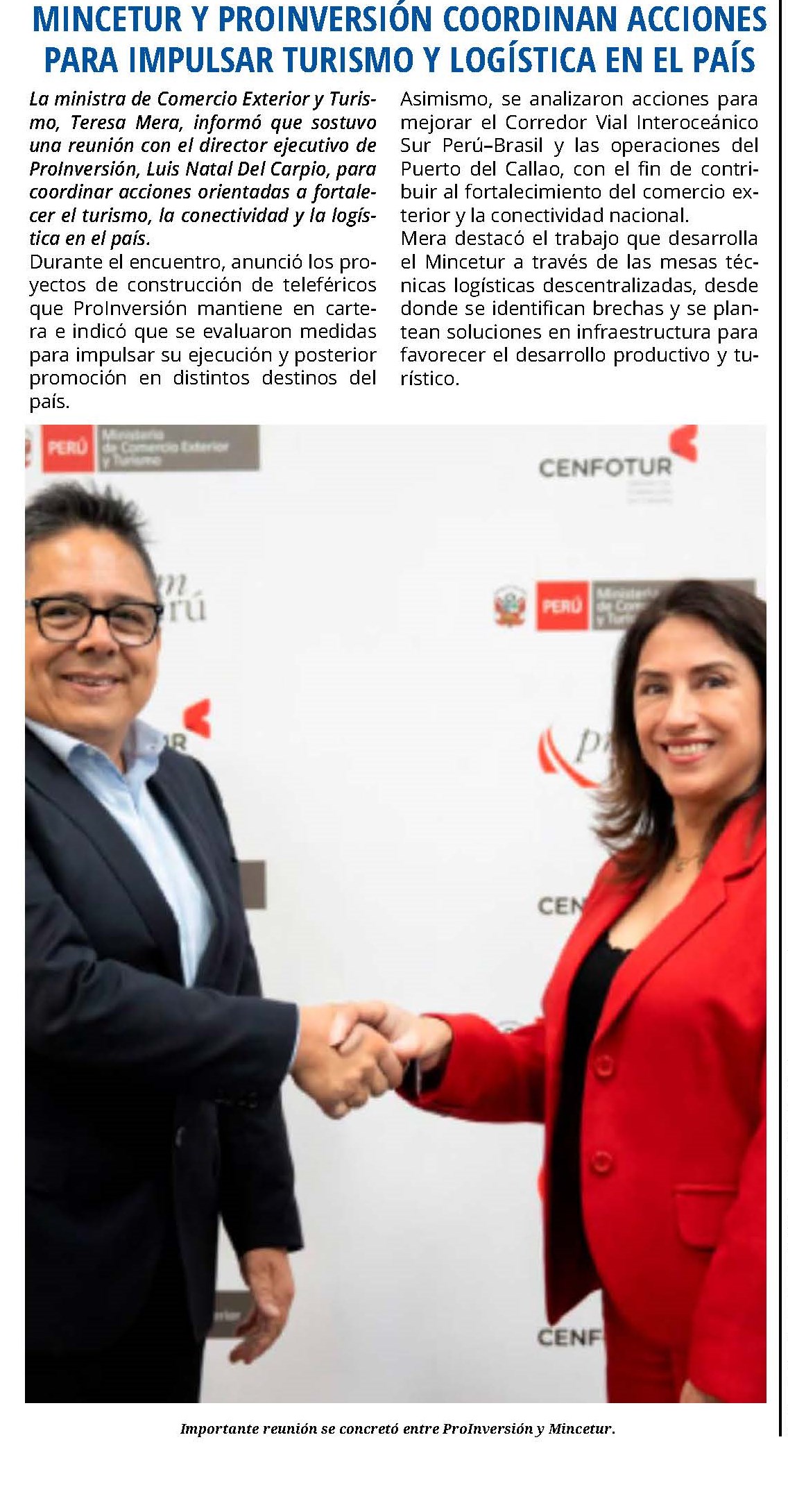 MINCETUR Y PROINVERSIÓN COORDINAN ACCIONES PARA IMPULSAR TURISMO Y LOGÍSTICA EN EL PAÍS