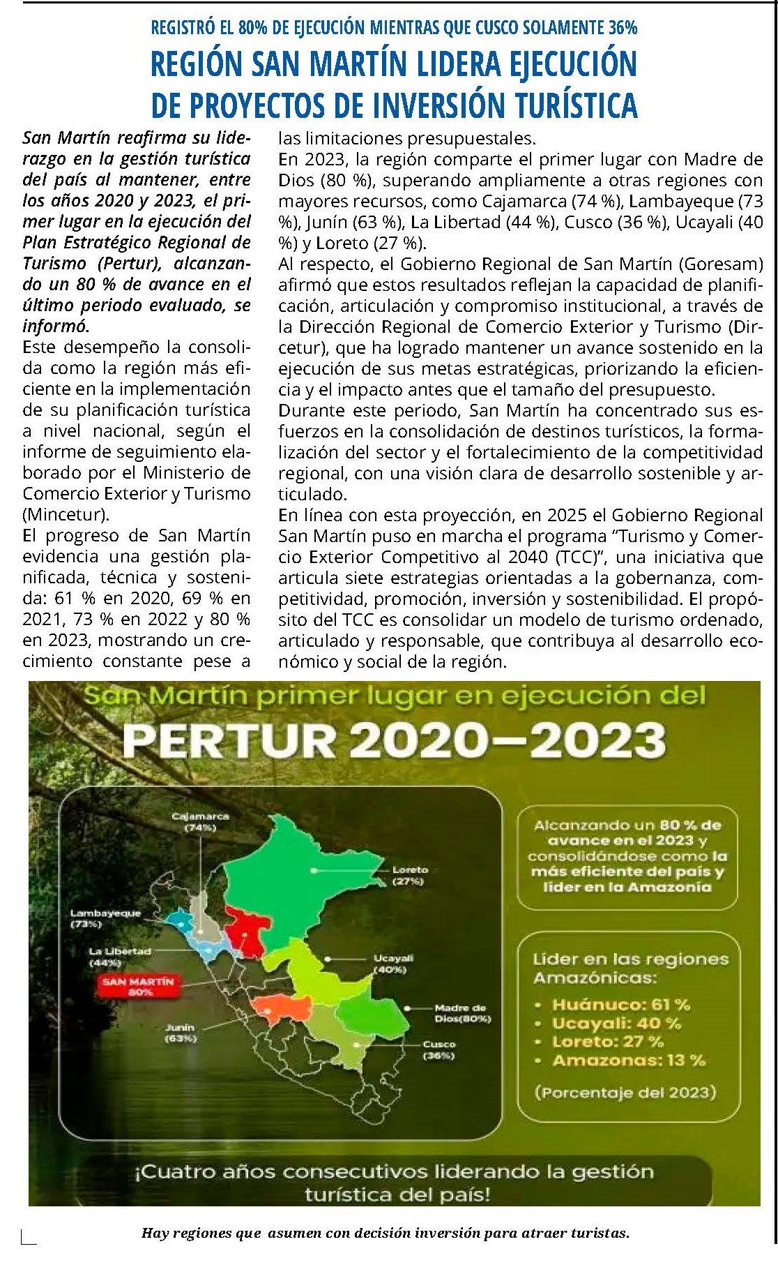 REGIÓN SAN MARTÍN LIDERA EJECUCIÓN DE PROYECTOS DE INVERSIÓN TURÍSTICA