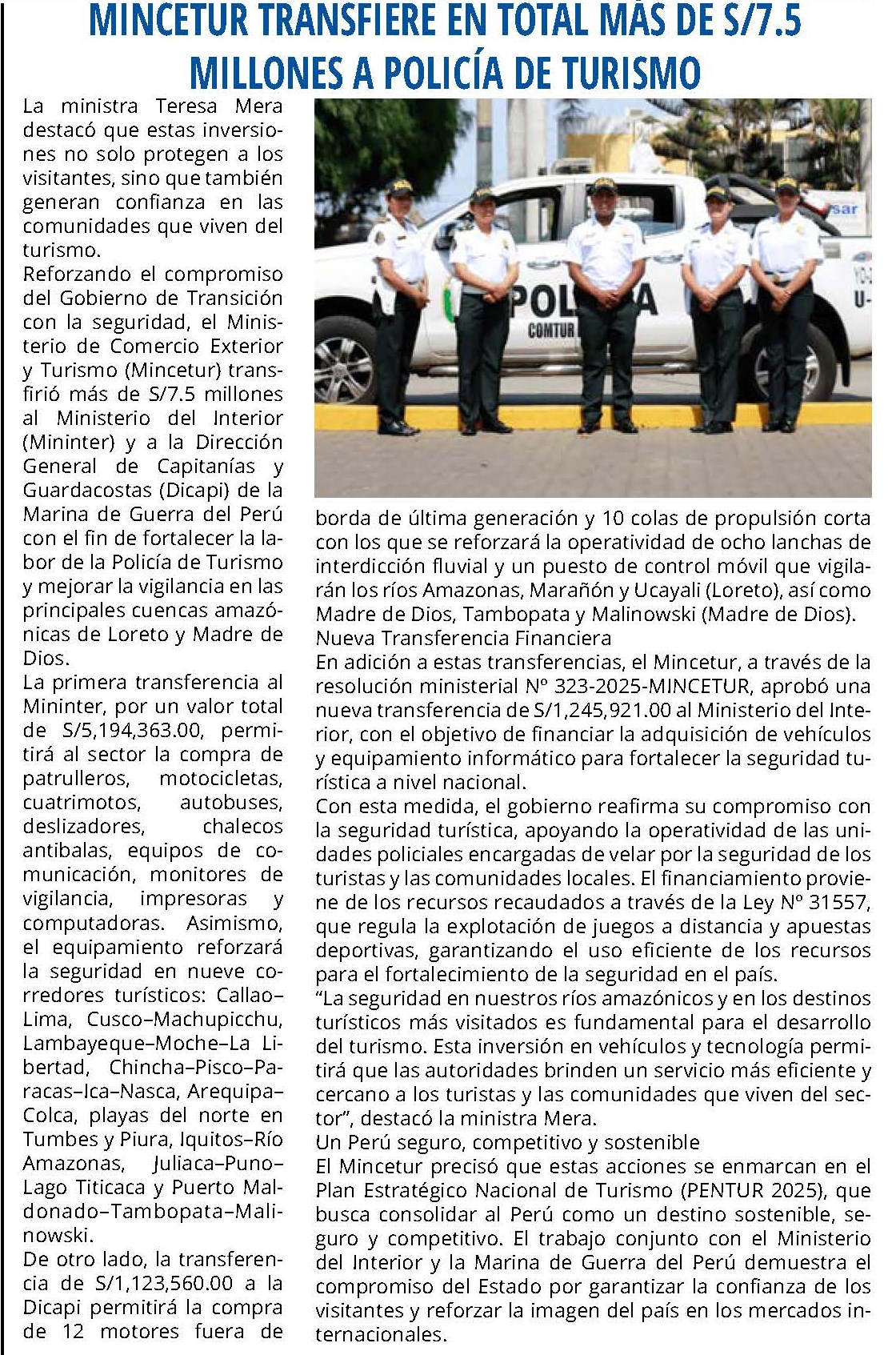 MINCETUR TRANSFIERE EN TOTAL MÁS DE S/ 7.5 MILLONES A POLICÍA DE TURISMO