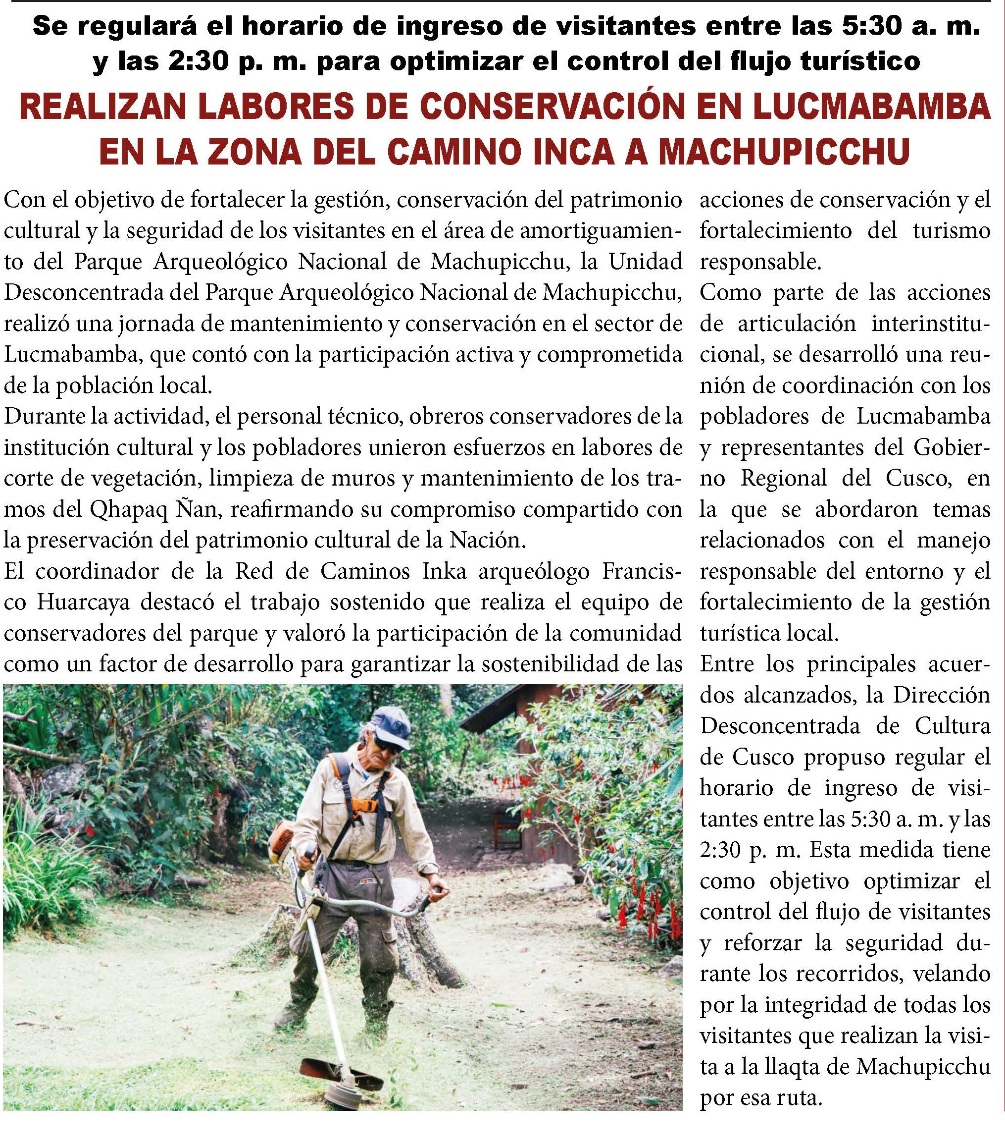 REALIZAN TRABAJOS DE CONSERVACIÓN EN CAMINO INCA A MACHUPICCHU