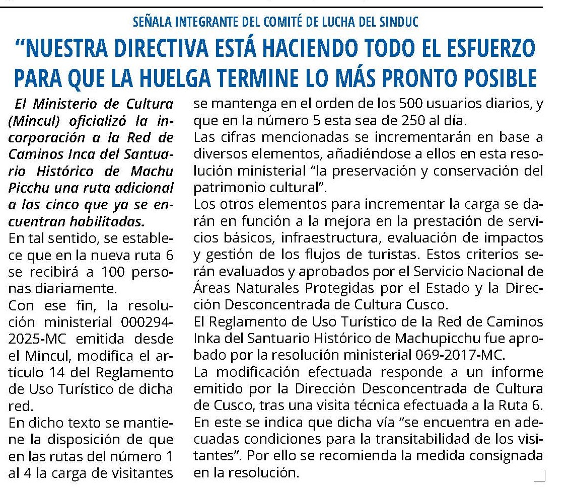 MINISTERIO DE CULTURA INCORPORÓ A LA RED DE CAMINOS INCA LA RUTA NÚMERO SEIS