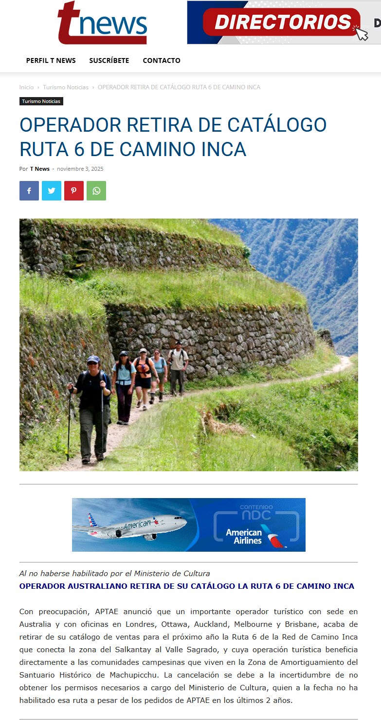 OPERADOR RETIRA DE CATÁLOGO RUTA 6 DE CAMINO INCA