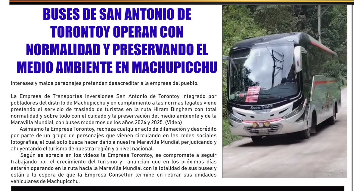 BUSES DE SAN ANTONIO DE TORONTOY OPERAN CON NORMALIDAD EN MACHUPICCHU