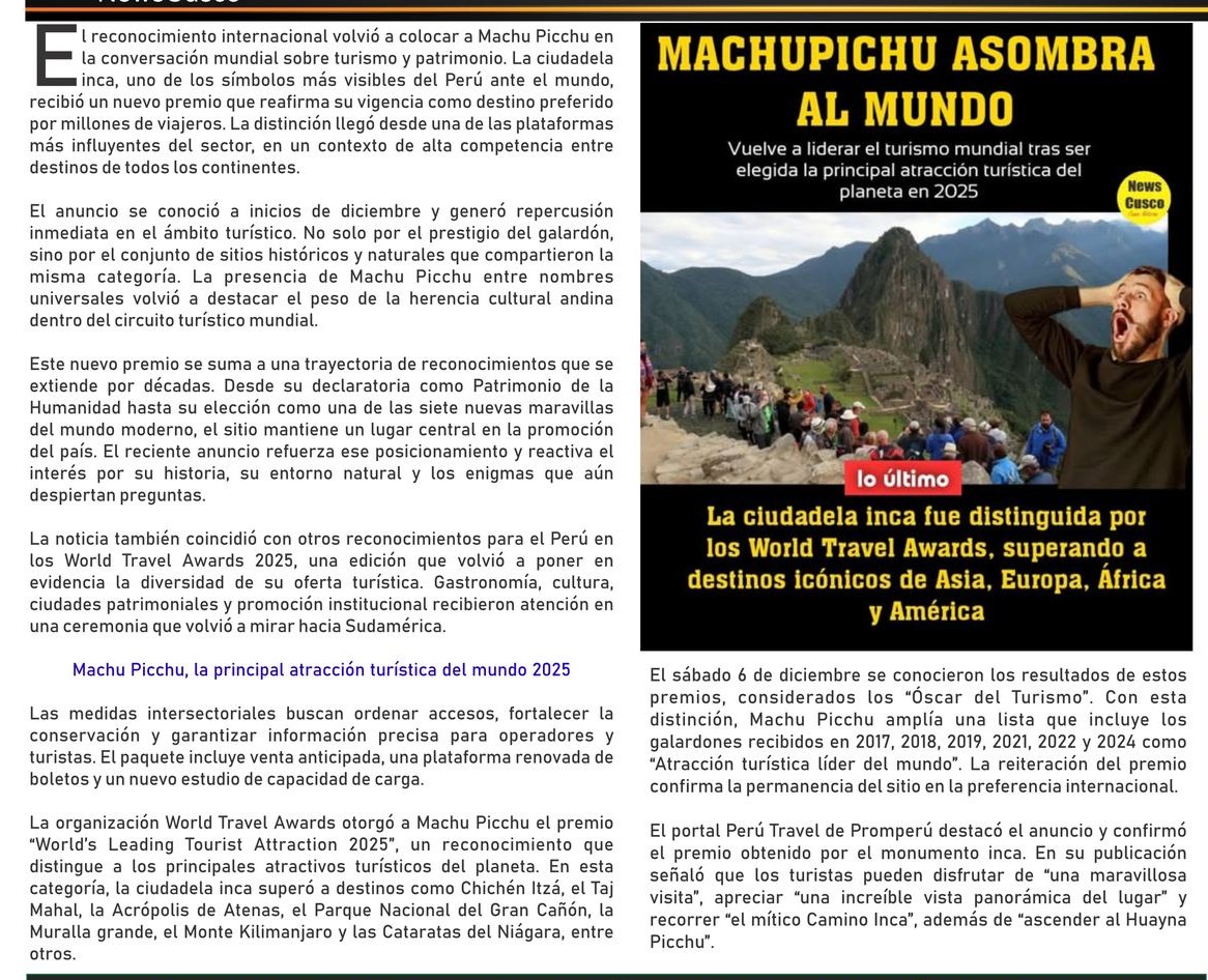 MACHUPICCHU VUELVE A SER ELEGIDA LA PRINCIPAL ATRACCIÓN TURÍSTICA EN 2025