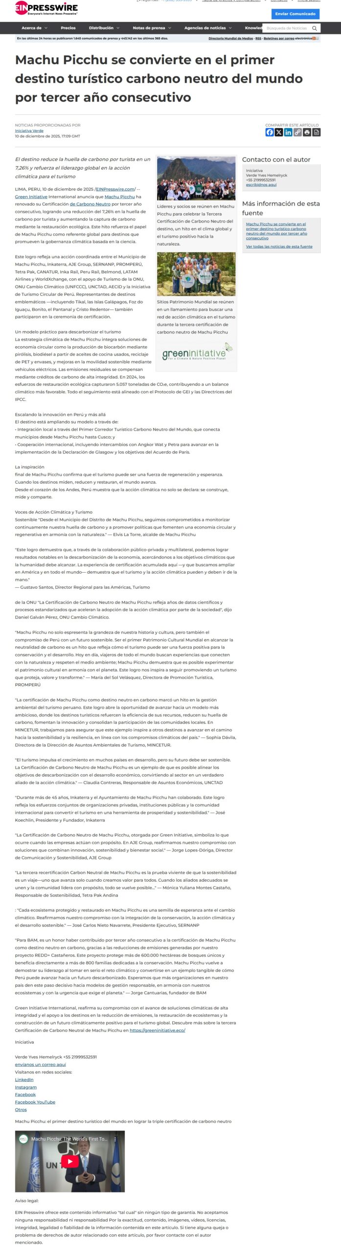 MACHUPICCHU EL PRIMER DESTINO TURÍSTICO CARBONO NEUTRO DEL MUNDO