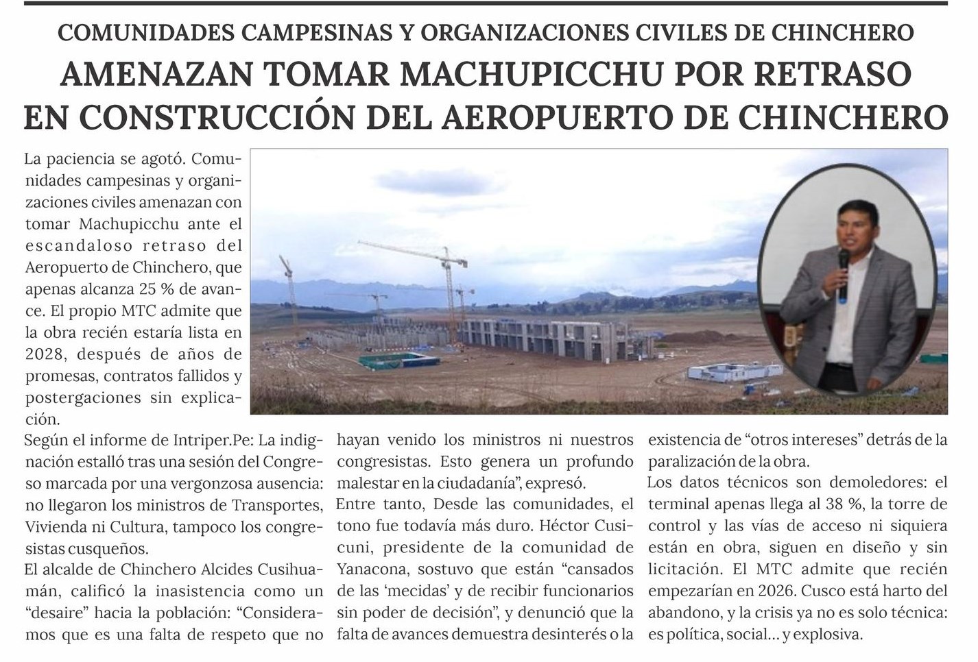 AMENAZAN TOMAR MACHUPICCHU POR RETRASO EN CONSTRUCCIÓN DEL AEROPUERTO DE CHINCHERO