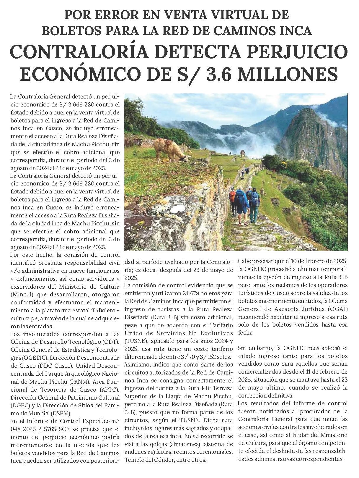 CONTRALORÍA DETECTA RUTA IMPAGA EN EL SANTUARIO DE MACHU PICCHU