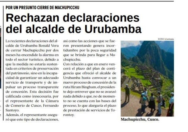 RECHAZO HA GENERADO DECLARACIONES DEL ALCALDE DE URUBAMBA DE CERRAR MACHU PICCHU