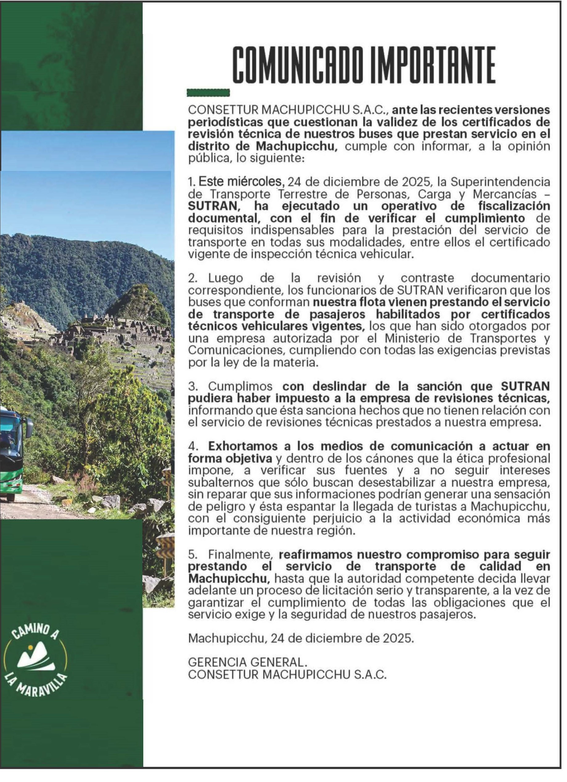 COMUNICADO IMPORTANTE CONSETTUR MACHUPICCHU